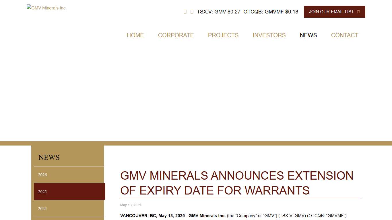 GMV Minerals Announces Extension of Expiry Date for Warrants GMV Minerals Inc.